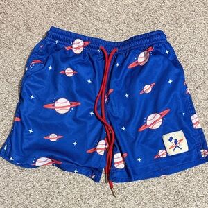 Blue Planet Print Shorts with Red Accents